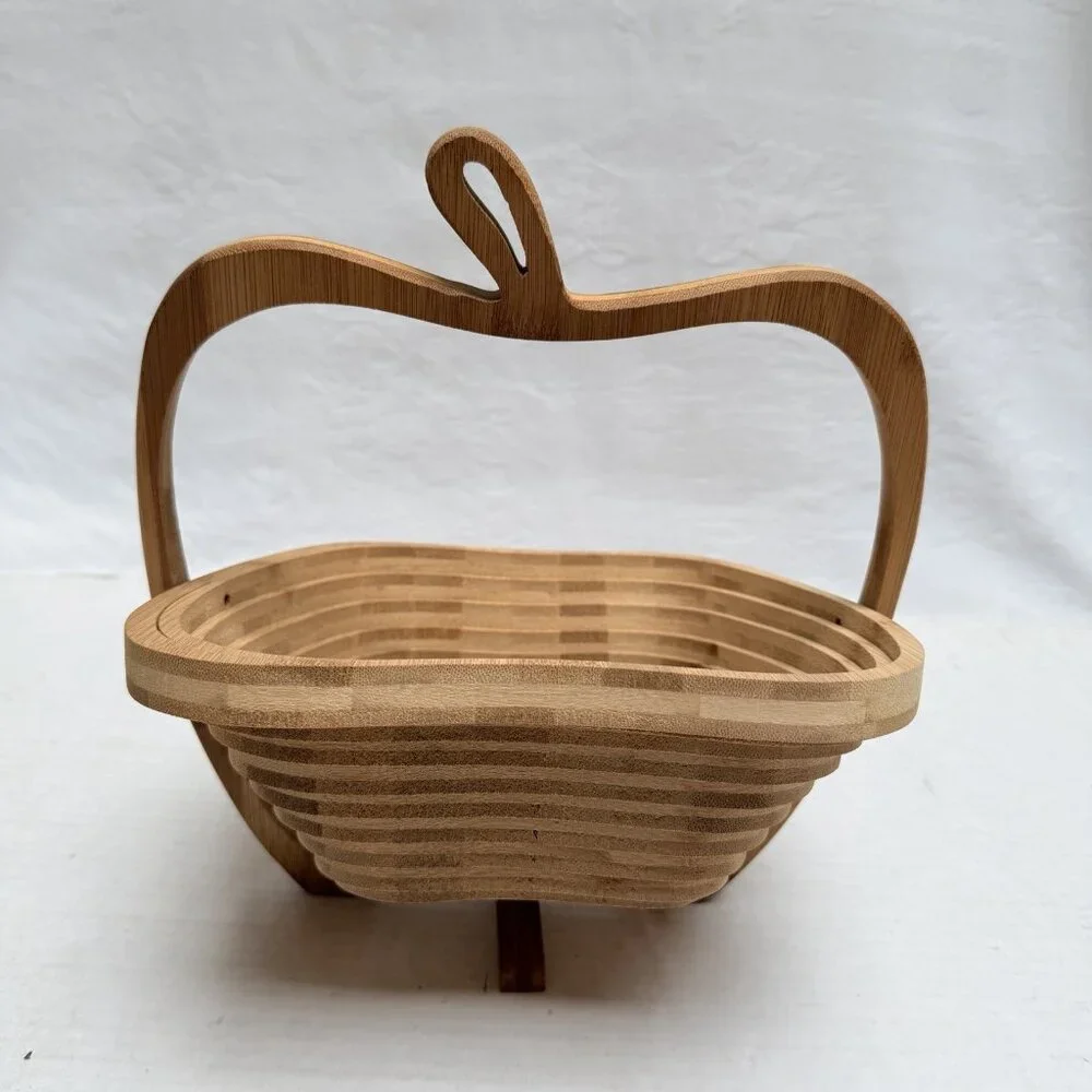 Collapsible Apple Shaped Bamboo Bowl-Kitchen Fruit Centerpiece Decor Trivet Gift